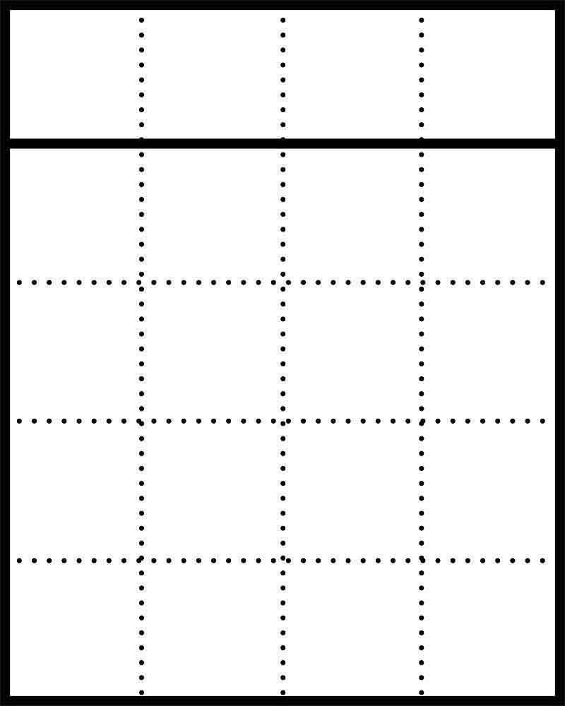 'Rastdiagram med fem kolumner och fem rader, rektangulärt, avskiljt upptill genom svarta linjer.'