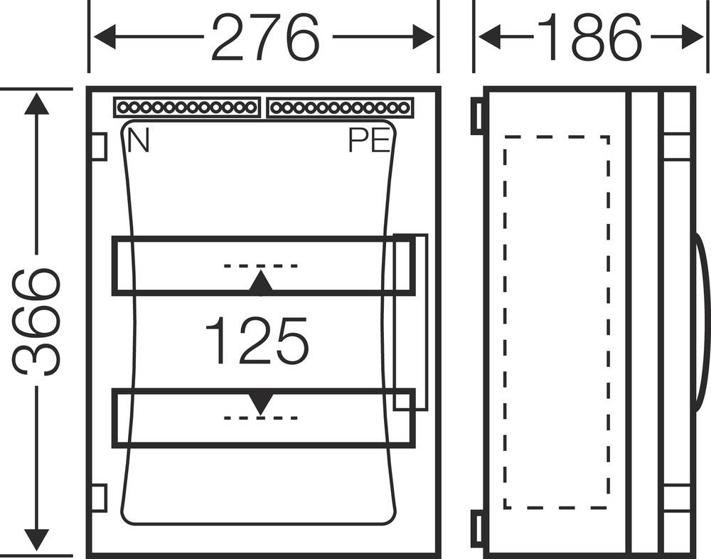 Teknisk ritning av ett rektangulärt elskåp med mått: höjd 366 mm, bredd 276 mm, djup 186 mm. Visar invändig fördelning.