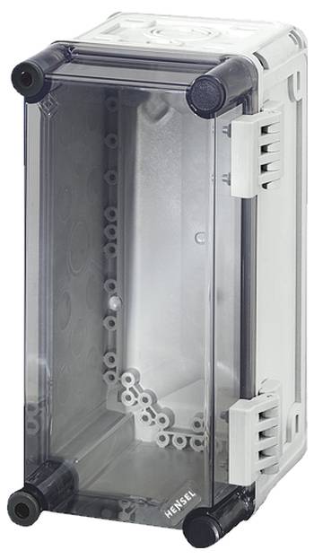 Grå, rektangulär plastlåda med transparent lock, ventilationsspringor på sidorna och fästhål.