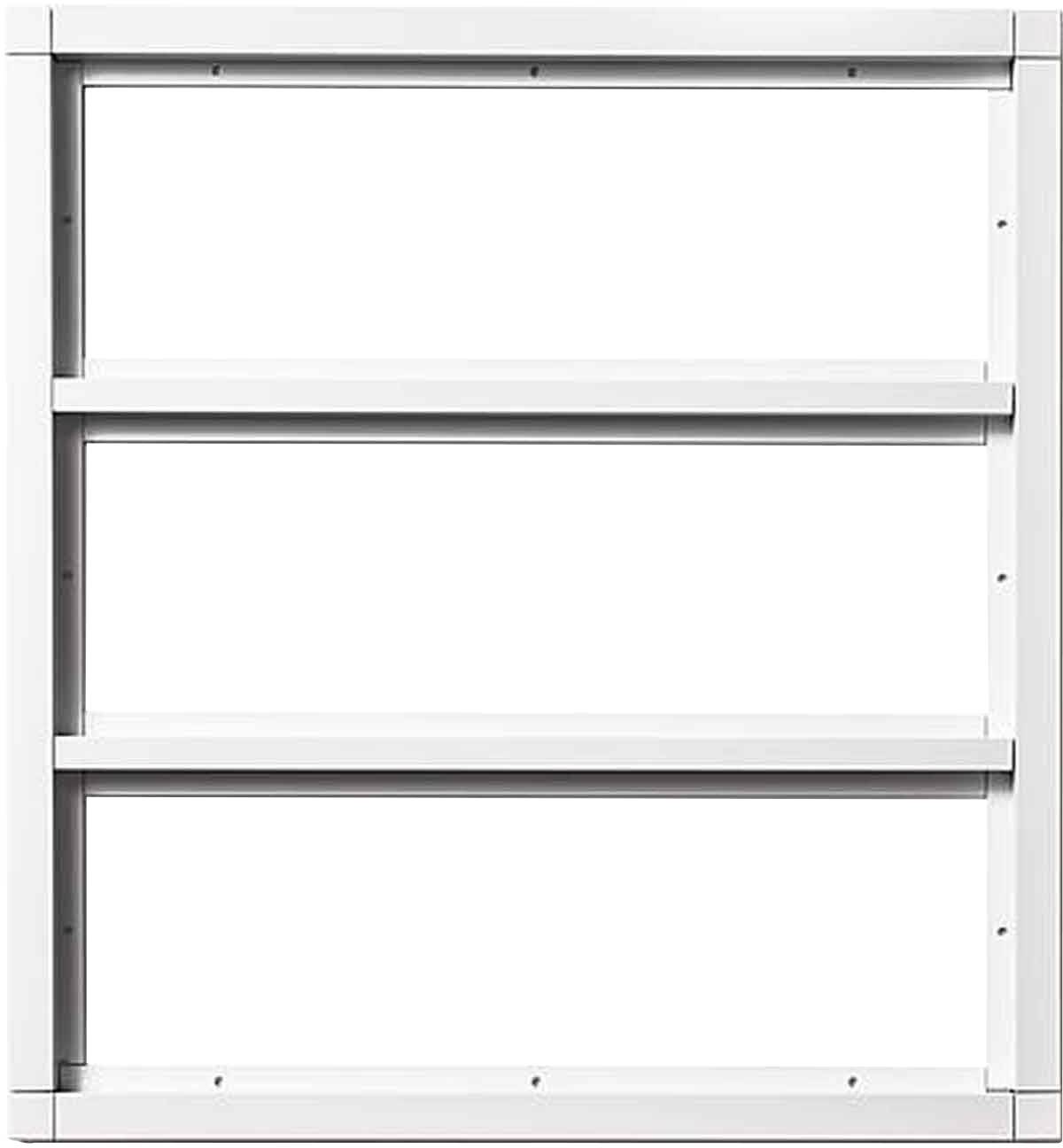 Vit, tom väggbokhylla med fyra hyllplan.