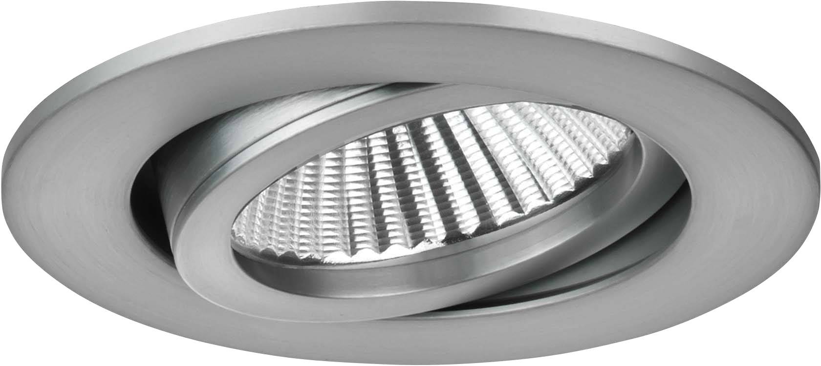Rund silverförgad LED-taklampa med räfflad reflektor för ljusspridning. Modernt design, lämplig för både bostads- och arbetsytor.