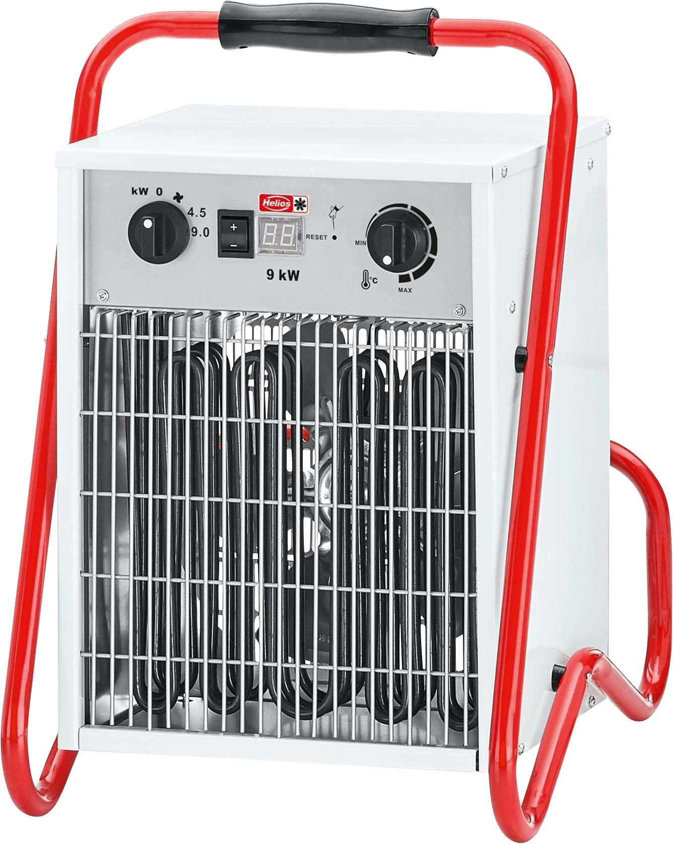 En bärbar värmefläkt med röda handtag och silvergrå galler. En kontrollpanel visar '9 kW'.