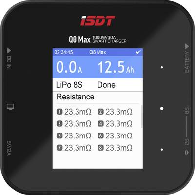 Laddningsdisplay visar: '0.0A', '12.5Ah', Laddningsstatus: 'LiPo 8S', 'Klar'. Resistansvärden: '23.3mΩ'. Modell: Q8 Max, 1000W/30A.