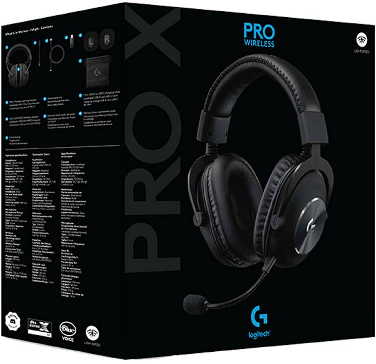 Bilden visar förpackningen till ett Logitech PRO X trådlöst gaming-headset med ett avtagbart mikrofon och svarta öronkuddar.