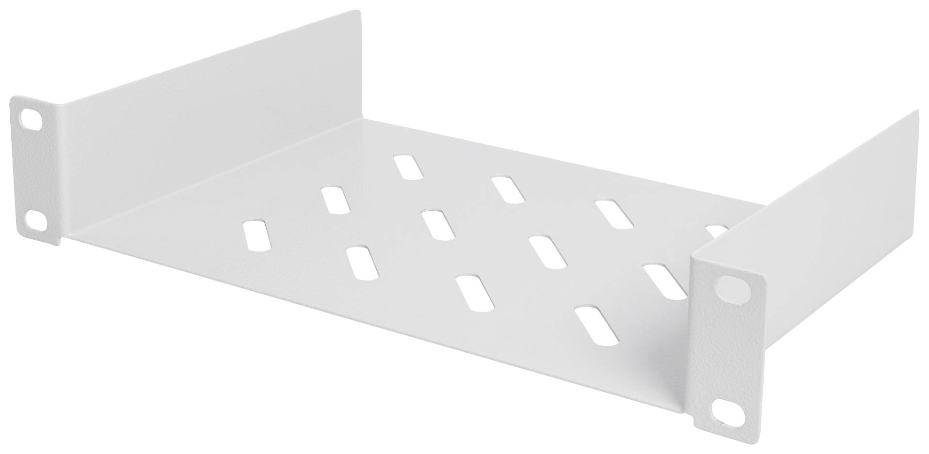 Ett vitt, perforerat hyllplan för 19-tums rack, utrustat med sidofästen för montering.