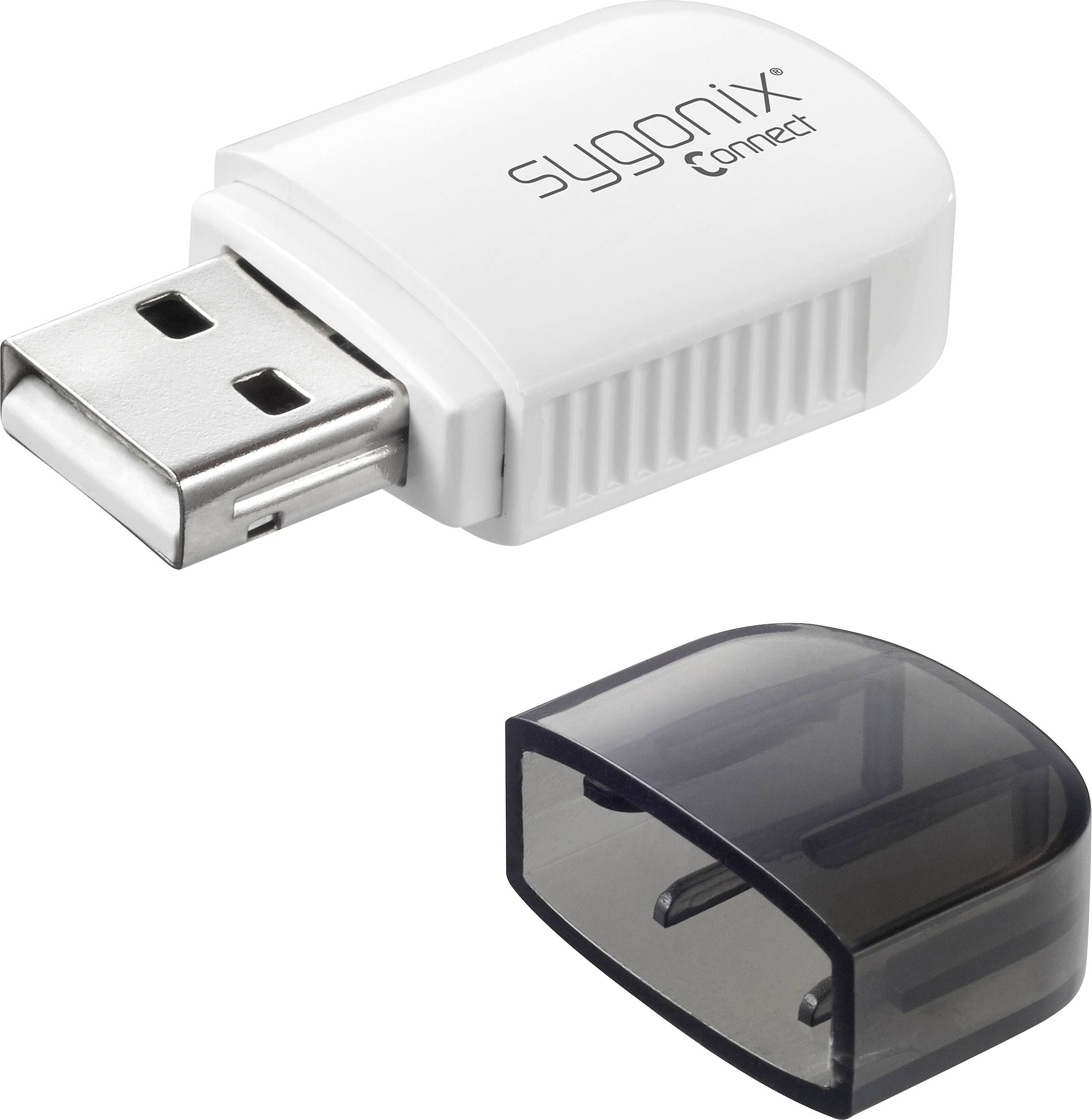 Vit USB-adapter med svart lock bredvid