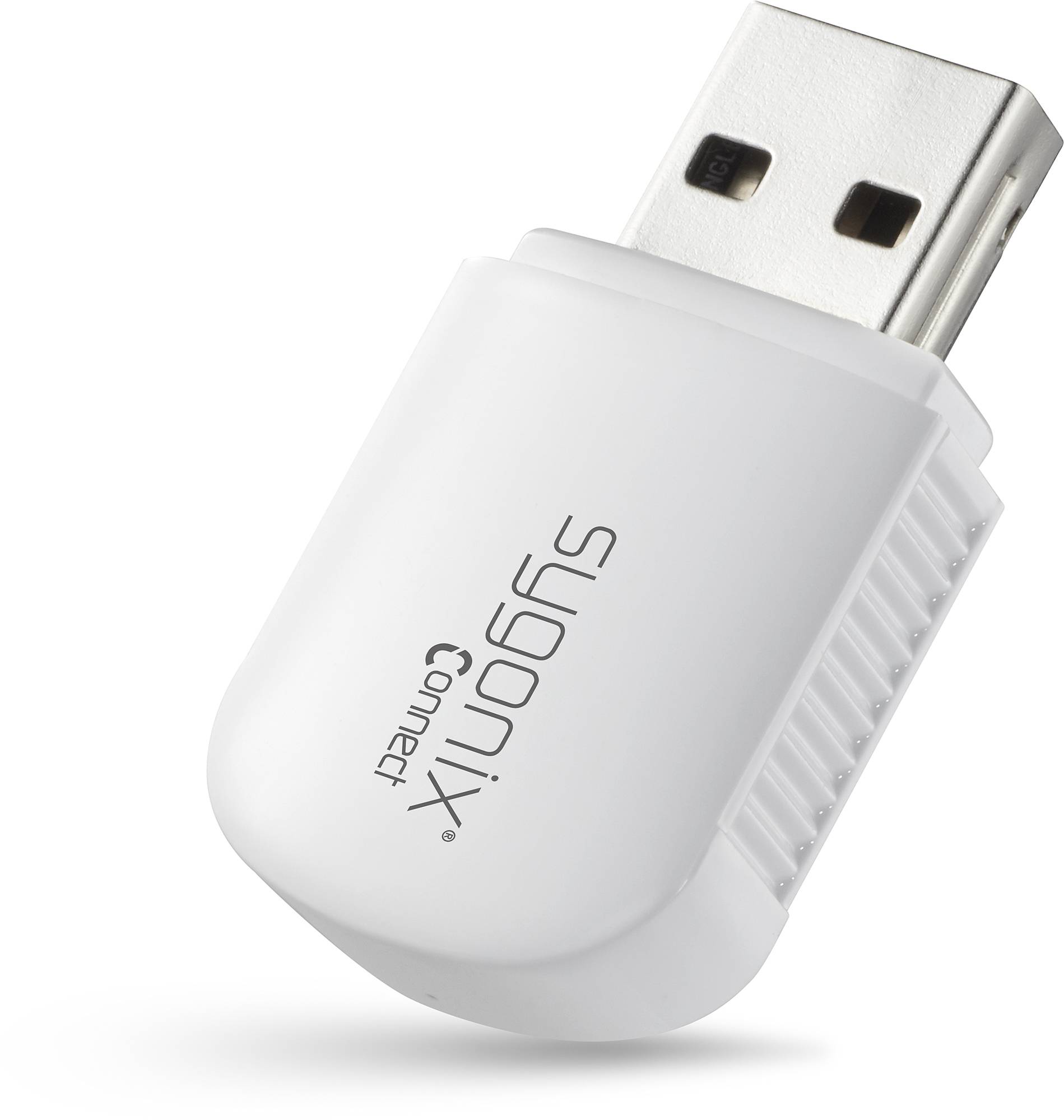 En vit USB-dongle med texten 'sygonix connect' på sidan, avbildad framför en neutral bakgrund.