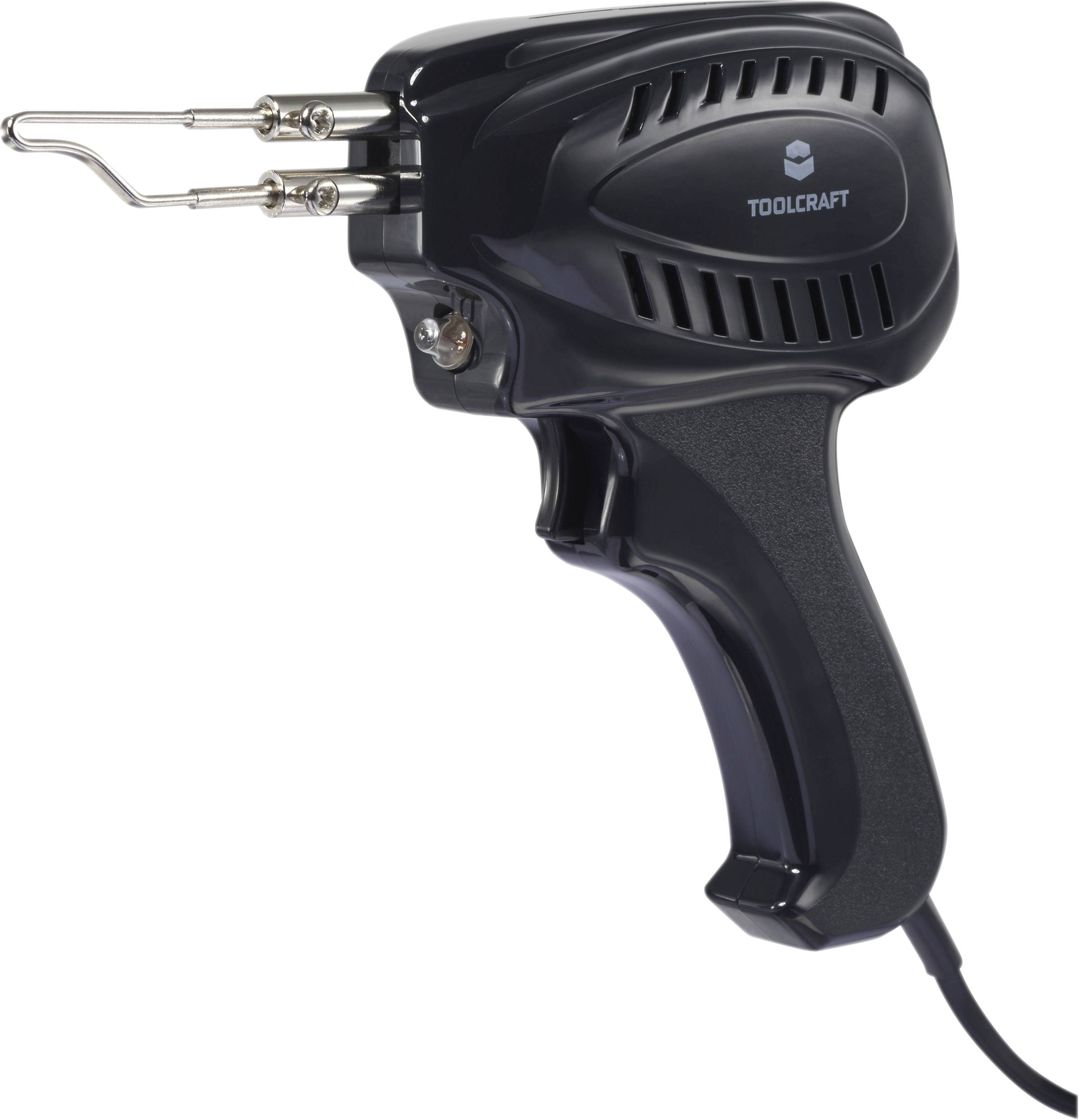 Lödpistol från Toolcraft i svart med ergonomiskt grepp och två metallspetsar, lämplig för precisionsljudning.