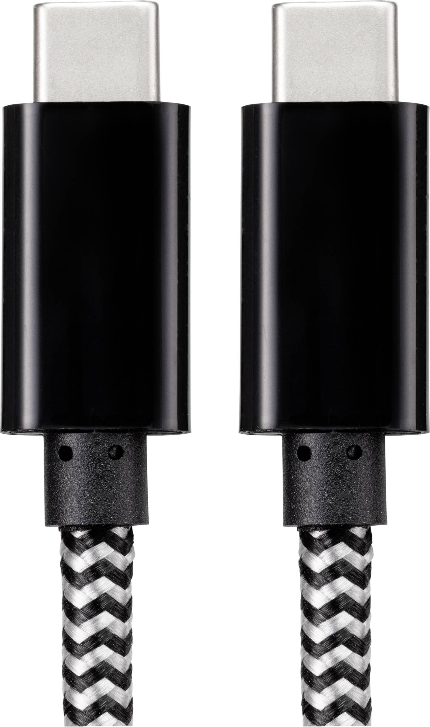 Två svarta USB-C-kablar med flätat mönster, liggande bredvid varandra.