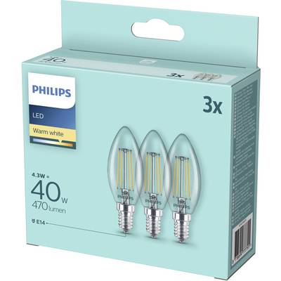 En förpackning med tre LED-glödlampor från Philips, varmt vitt ljus, 4,3 watt, E14-sockel, motsvarar 40 watt, 470 lumen.