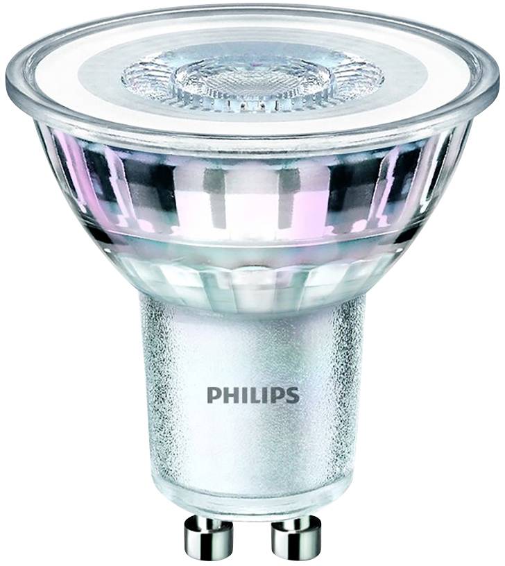 Glödlampa med GU10-sockel från Philips, lämplig för LED-belysning, silvrig och glänsande design med genomskinligt glas.