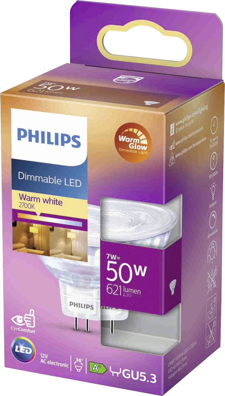 Förpackning för en dimbar Philips LED-lampa, varmt vitt ljus, 2700K, 7W ersätter 50W, 621 lumen, GU5.3-sockel, med 'WarmGlow'-funktion.