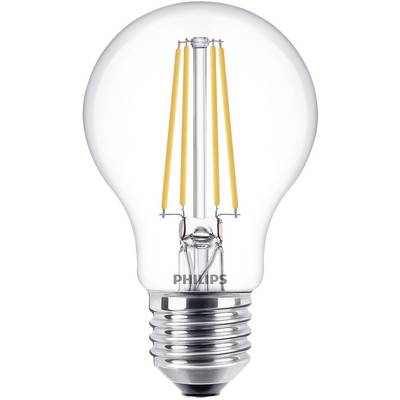 LED-glödlampa i A19-form med Edison skruvfattning och synlig glödtråd, varumärket 'Philips' på metallhöljet.