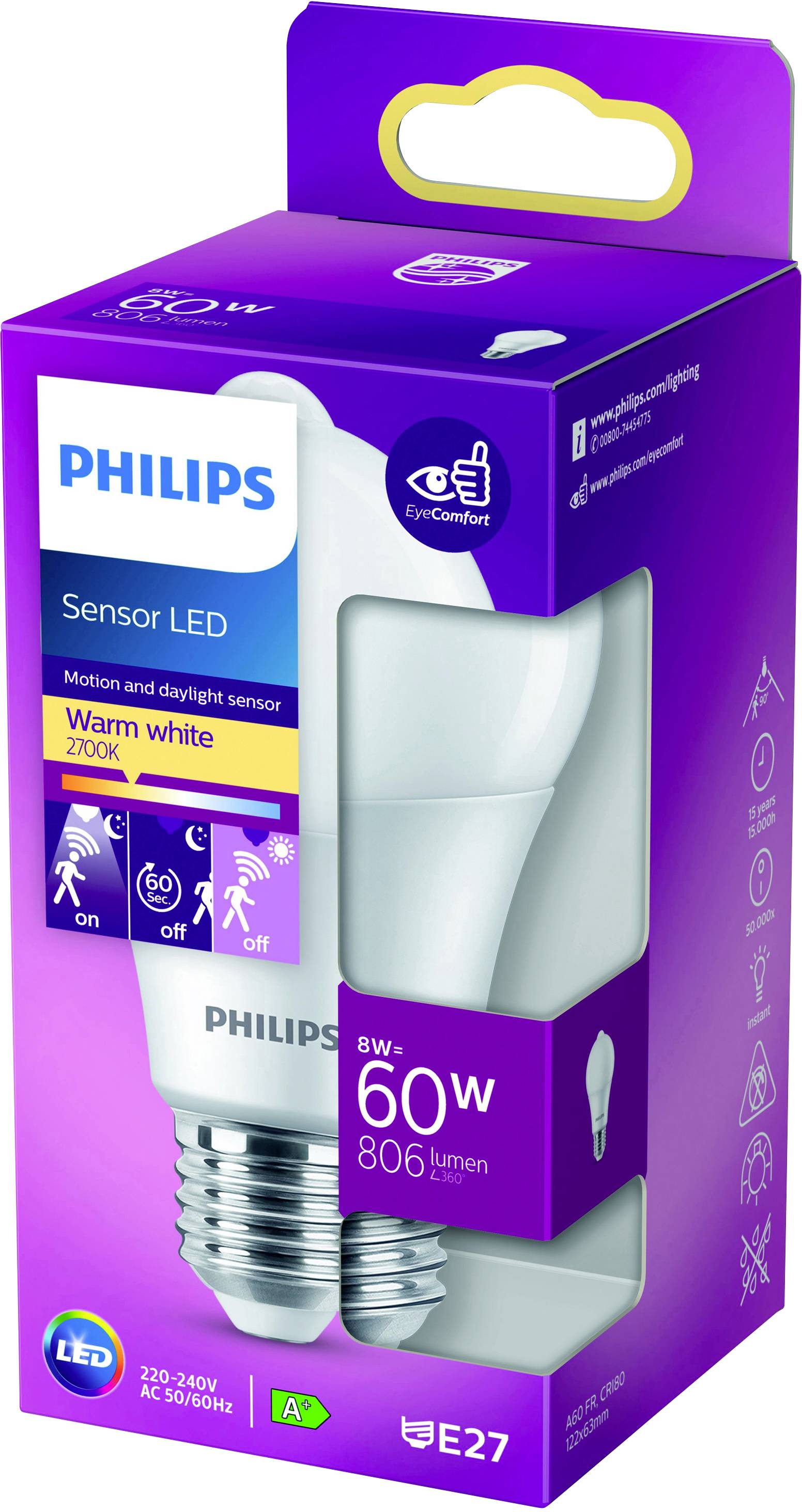 En Philips Sensor LED-glödlampa i en lila förpackning. Energisnål, 806 lumen, varmt vitt ljus, med rörelse- och dagsljussensor.
