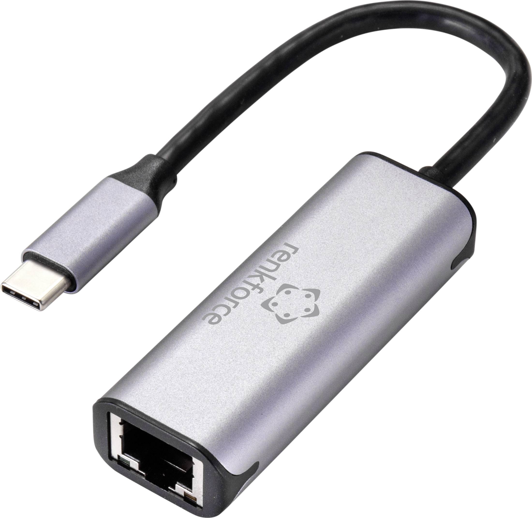 En silverfärgad USB-C till Ethernet-adapter med texten 'rankforce'.