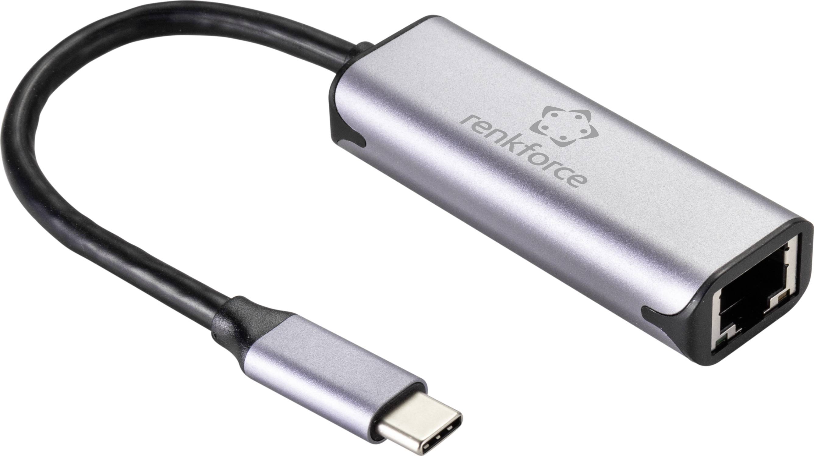 USB-C till Ethernet-adapter från Renkforce i silver. Den möjliggör nätverksanslutning via en USB-C-port.
