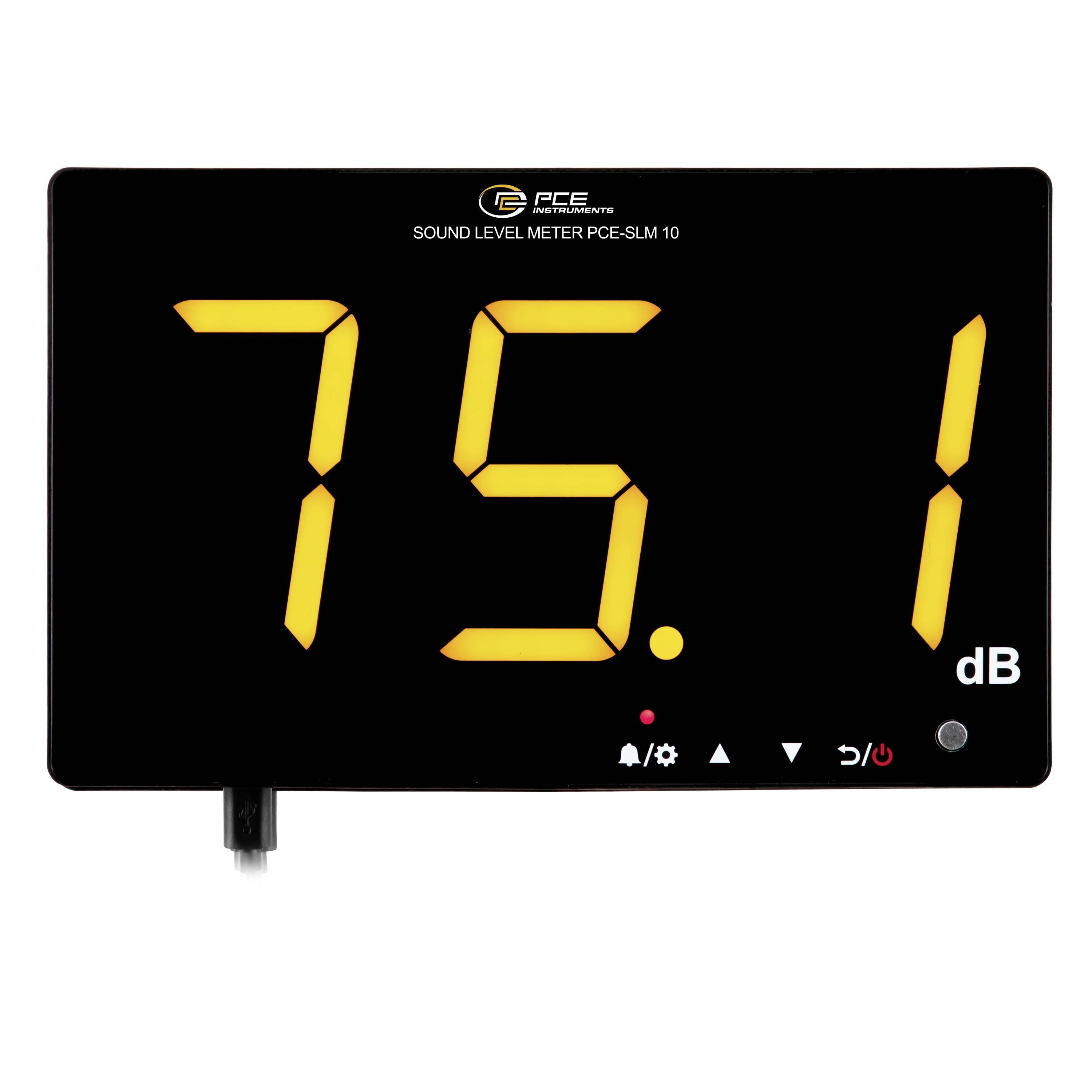 Digitalljudnivåmätare visar 75,1 dB på en svart skärm