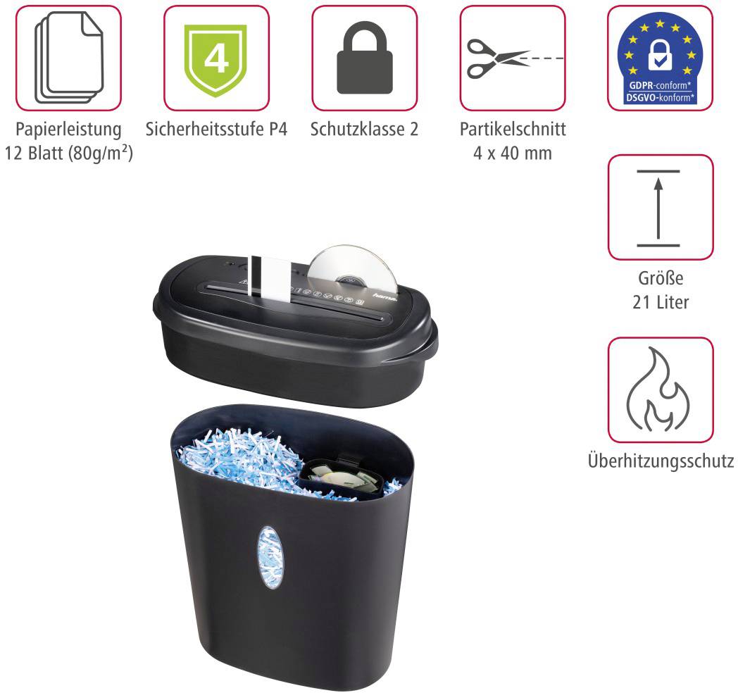 En dokumentförstörare med skyddsklass 2, partikelskärning 4x40 mm, papperskapacitet 12 ark, säkerhetsnivå P4, överhettningsskydd, 21 liters kapacitet.