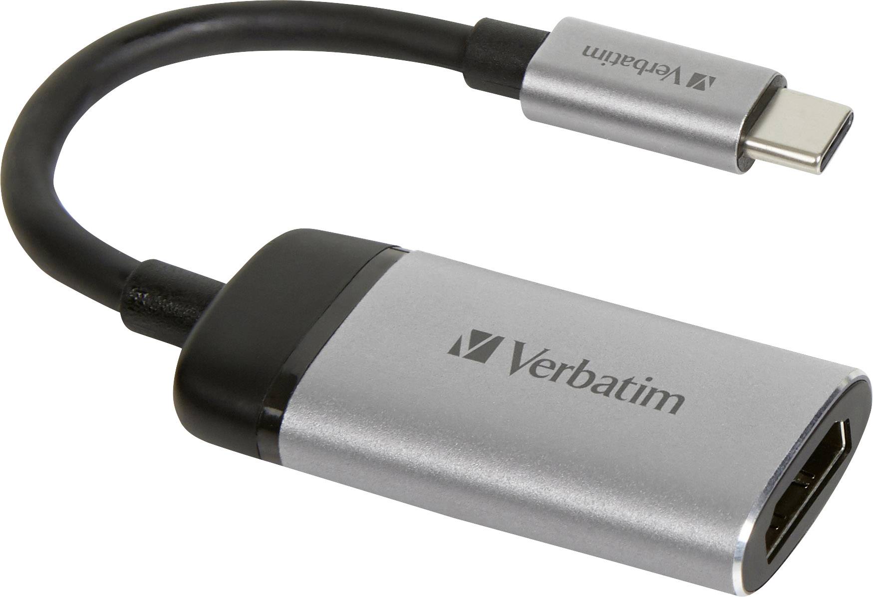En silverfärgad USB-C till HDMI-adapter från Verbatim. Den möjliggör anslutning av USB-C-enheter till HDMI-skärmar.