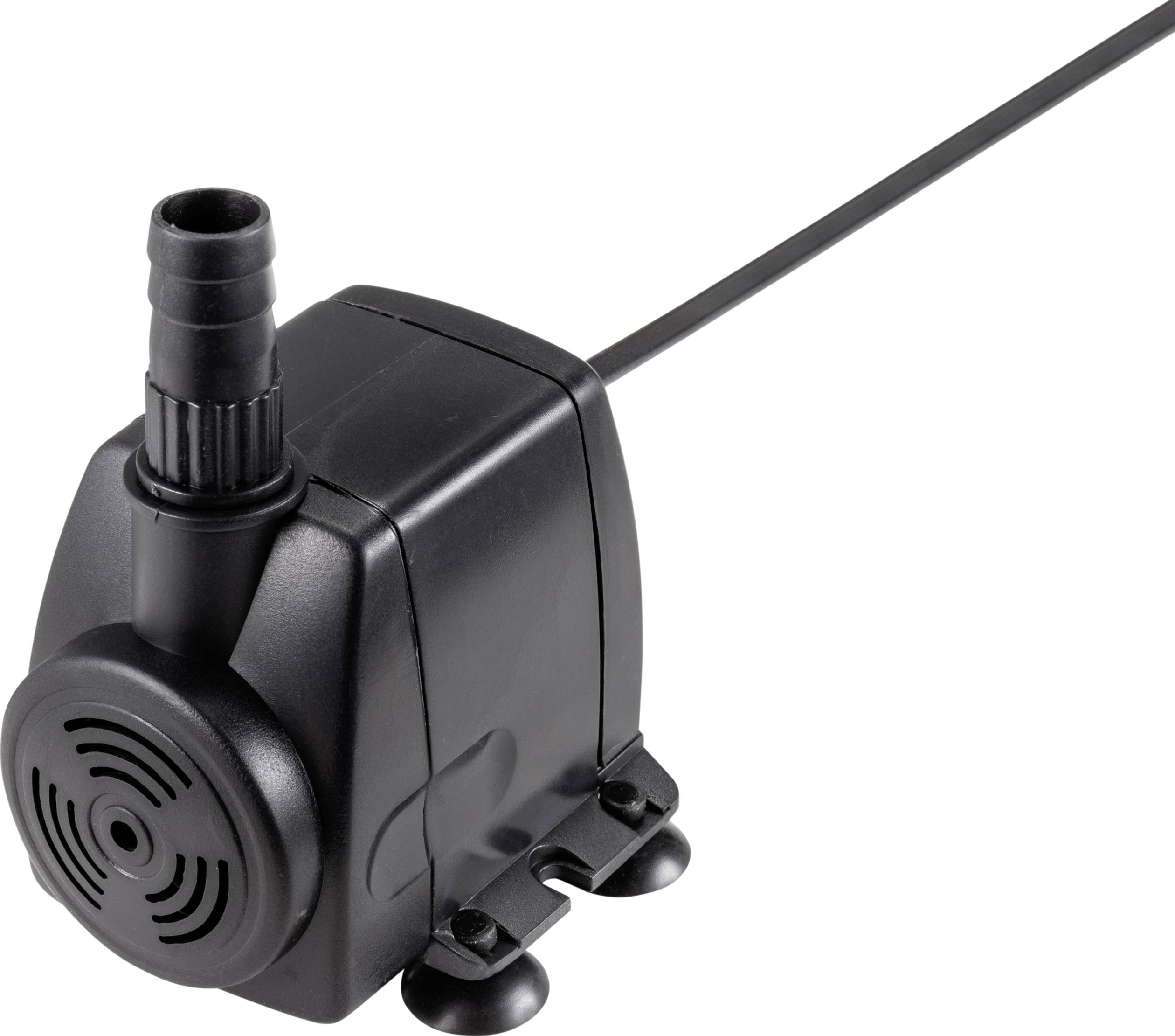 Svart vattenpump med slangkoppling och elkabel, lämplig för akvarium eller små vattenfontäner.