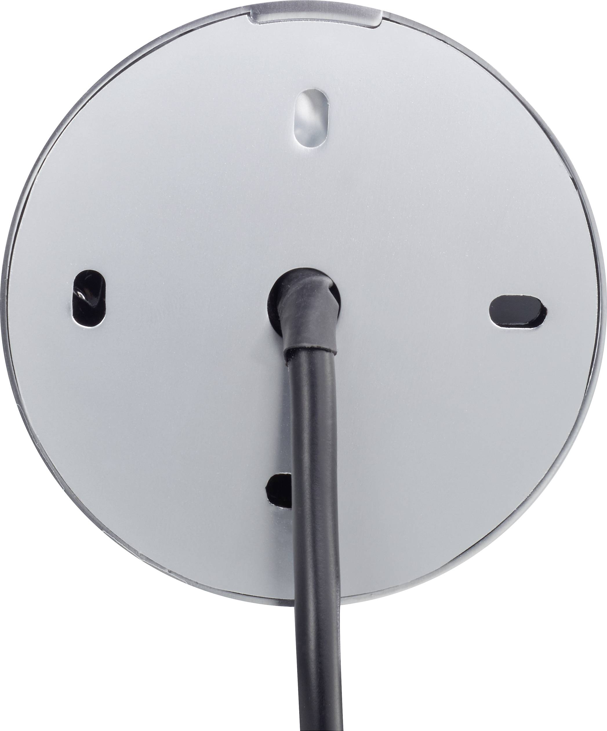 Bakifrån syns en rund elektrisk apparat med en centralt utträdande kabel.