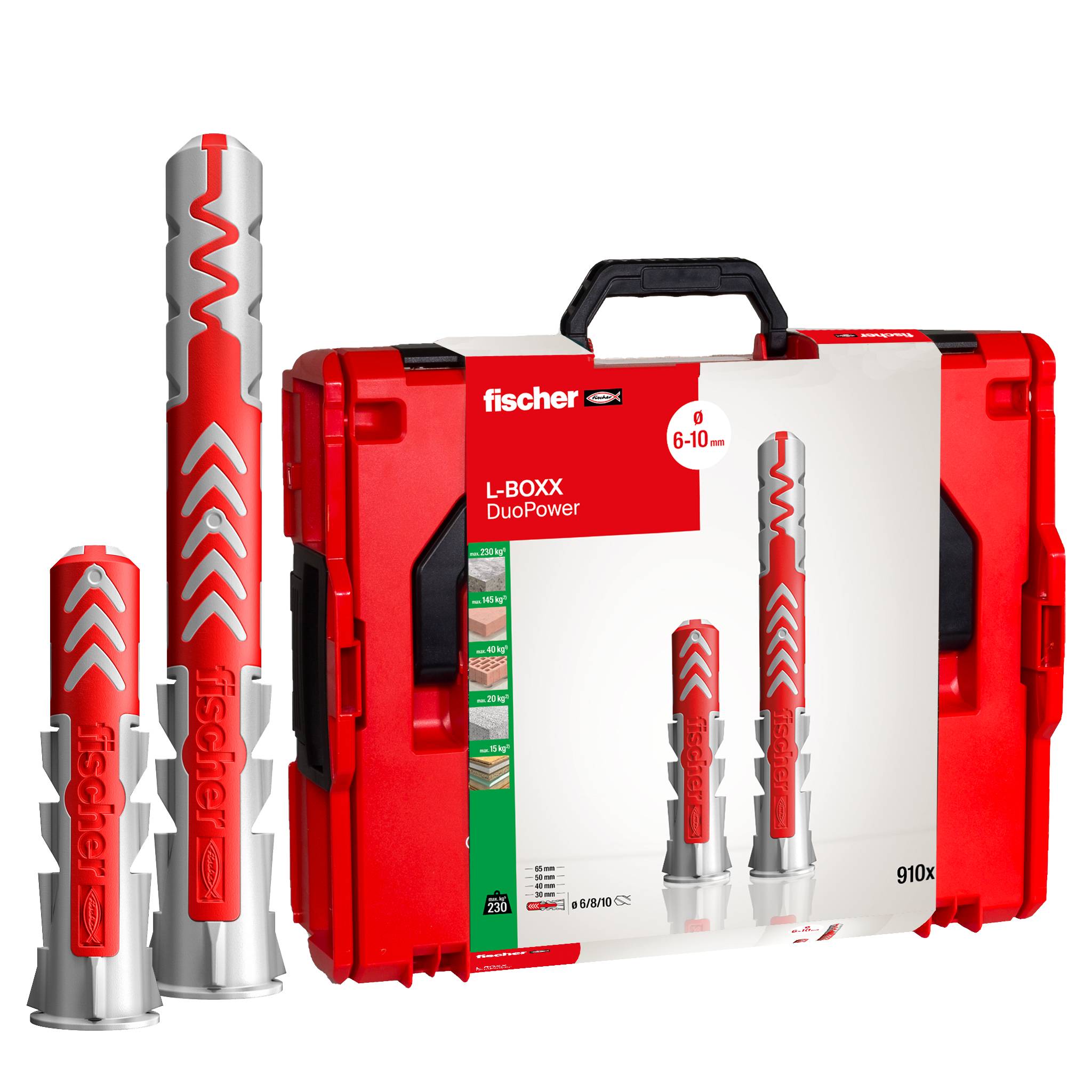 Red Fischer L-BOXX DuoPower borrankarhållare med fodral, paketinlägg och tre grå-och-röda väggproppar visade på vit bakgrund.