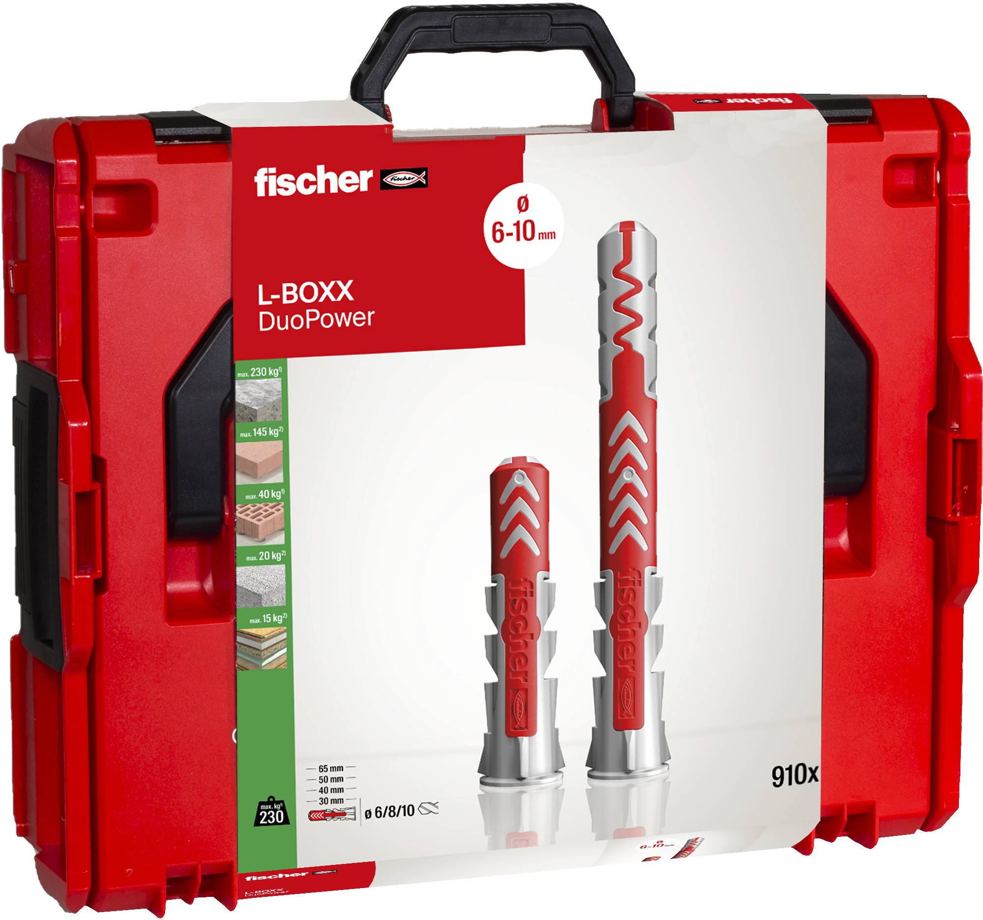 En röd-grå plastexpanderbult med taggig design och texten 'fischer'. Lämplig för infästning i väggar och tak.