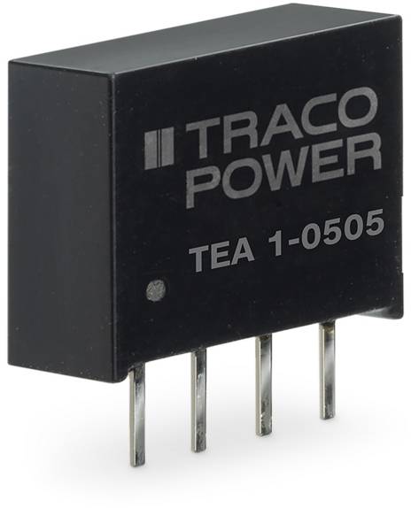 Svart-grå TRACO POWER TEA 1-0505 spänningsomvandlare med fyra metallstift, används för spänningsomvandling i elektroniska enheter.