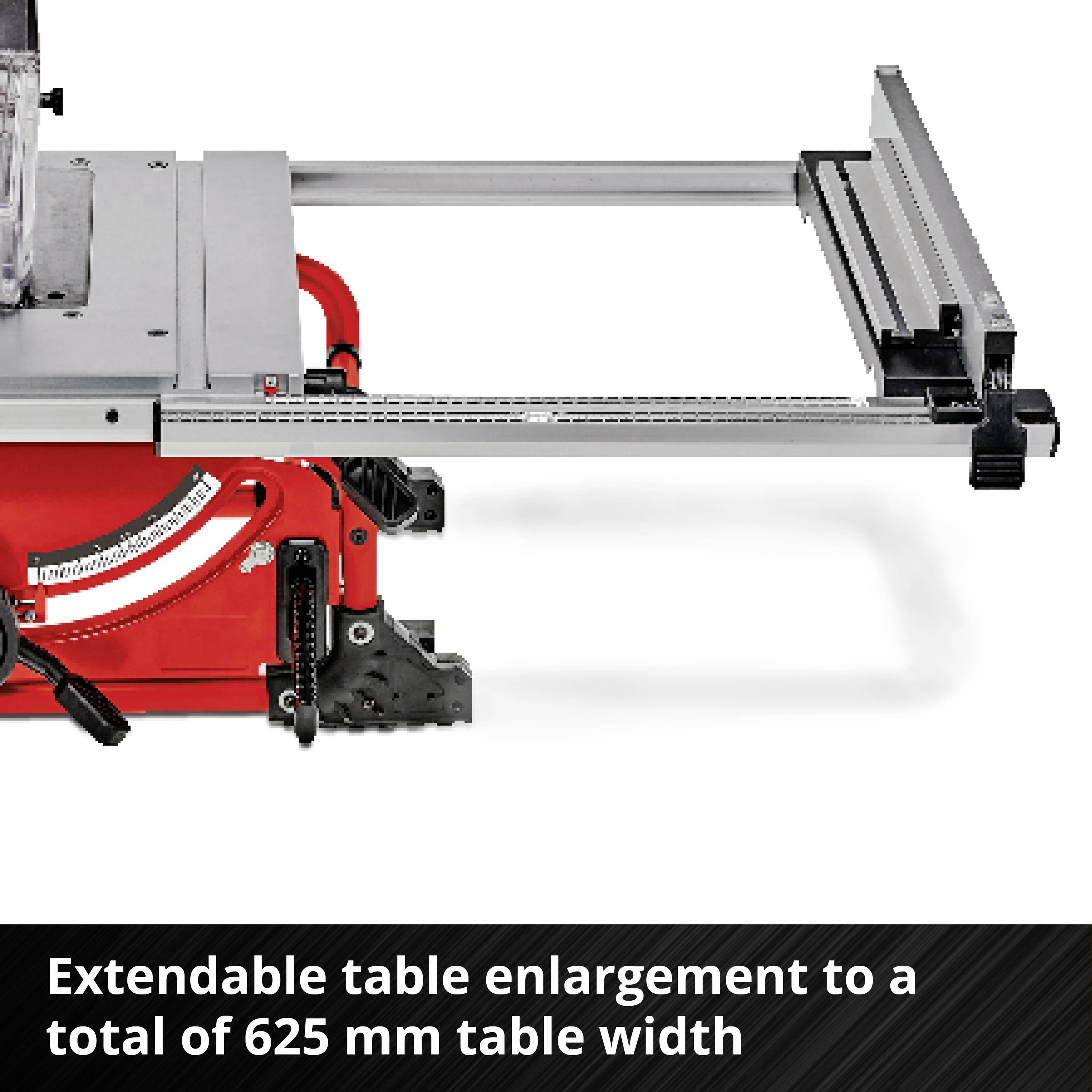 En röd bordcirkelsåg med justerbar bordsbredd för större arbetsstycken. Text längst ner: 'Utdragbar bordförlängning upp till totalt 625 mm bordsbredd'.