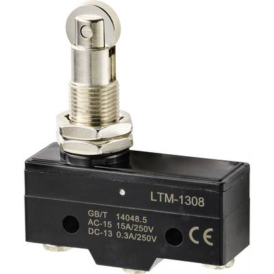 Metallavbrytare med hävarm och silverhölje, modell LTM-1308, specificerad för 15A/250V AC och 0,3A/250V DC.