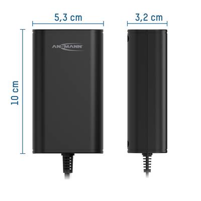 Svart, rektangulärt laddare från Ansmann. Mått: 10 cm högt, 5,3 cm brett, 3,2 cm djupt.