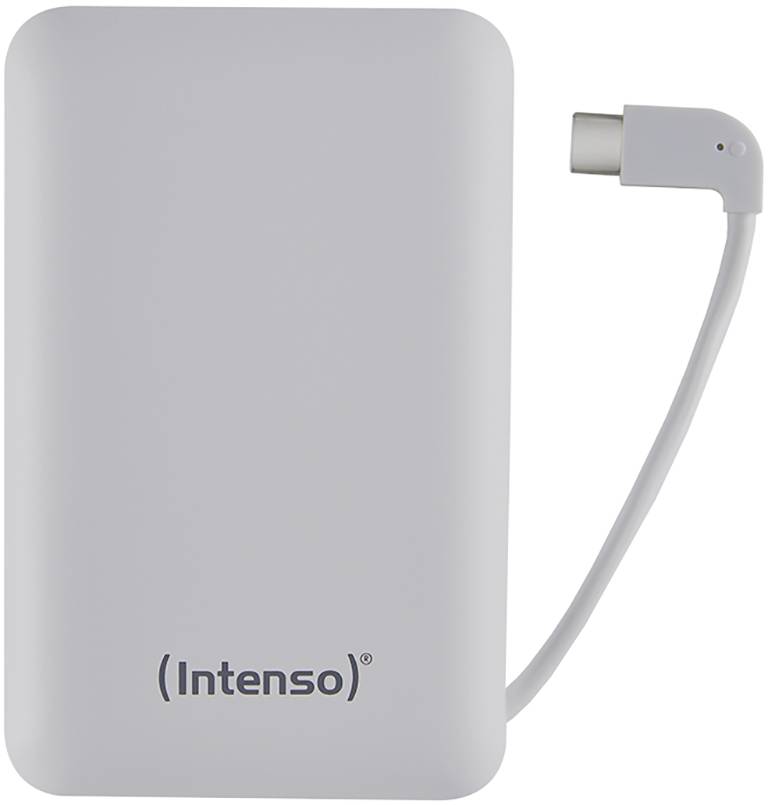 Extern hårddisk från Intenso i vitt, med inbyggd USB-C-kabel. Rektangulär och kompakt, lämplig för lagringsändamål.