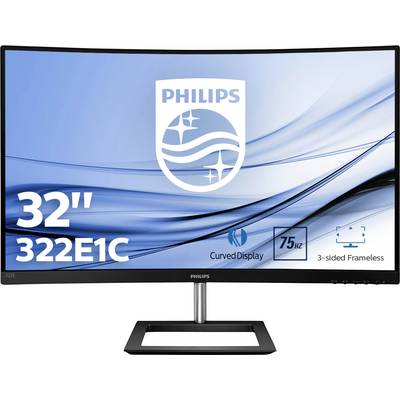 En 32-tums Philips Curved-skärm, modell 322E1C, med 75 Hz uppdateringsfrekvens och Design med ram på tre sidor visas.