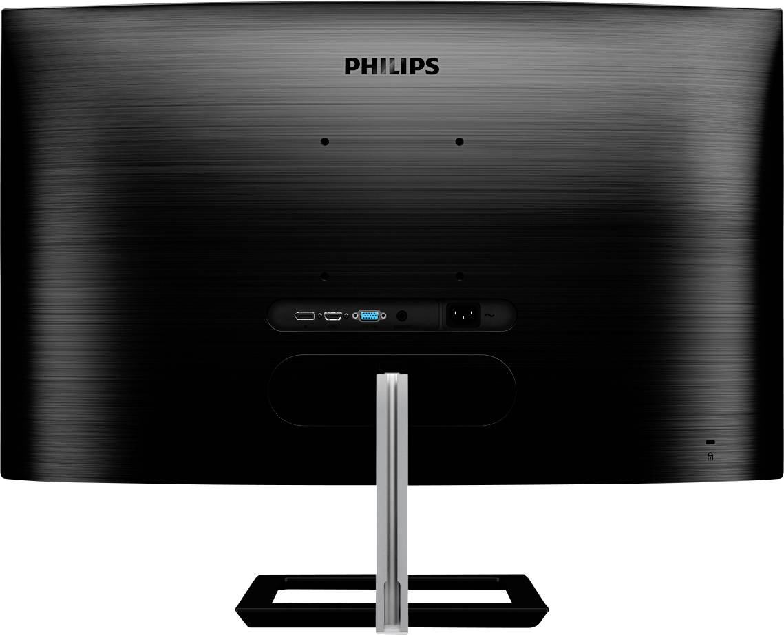 Bakifrån vy av en Philips-skärm på ett metallstativ, visar anslutningar och nätströmbrytare i mitten av baksidan.
