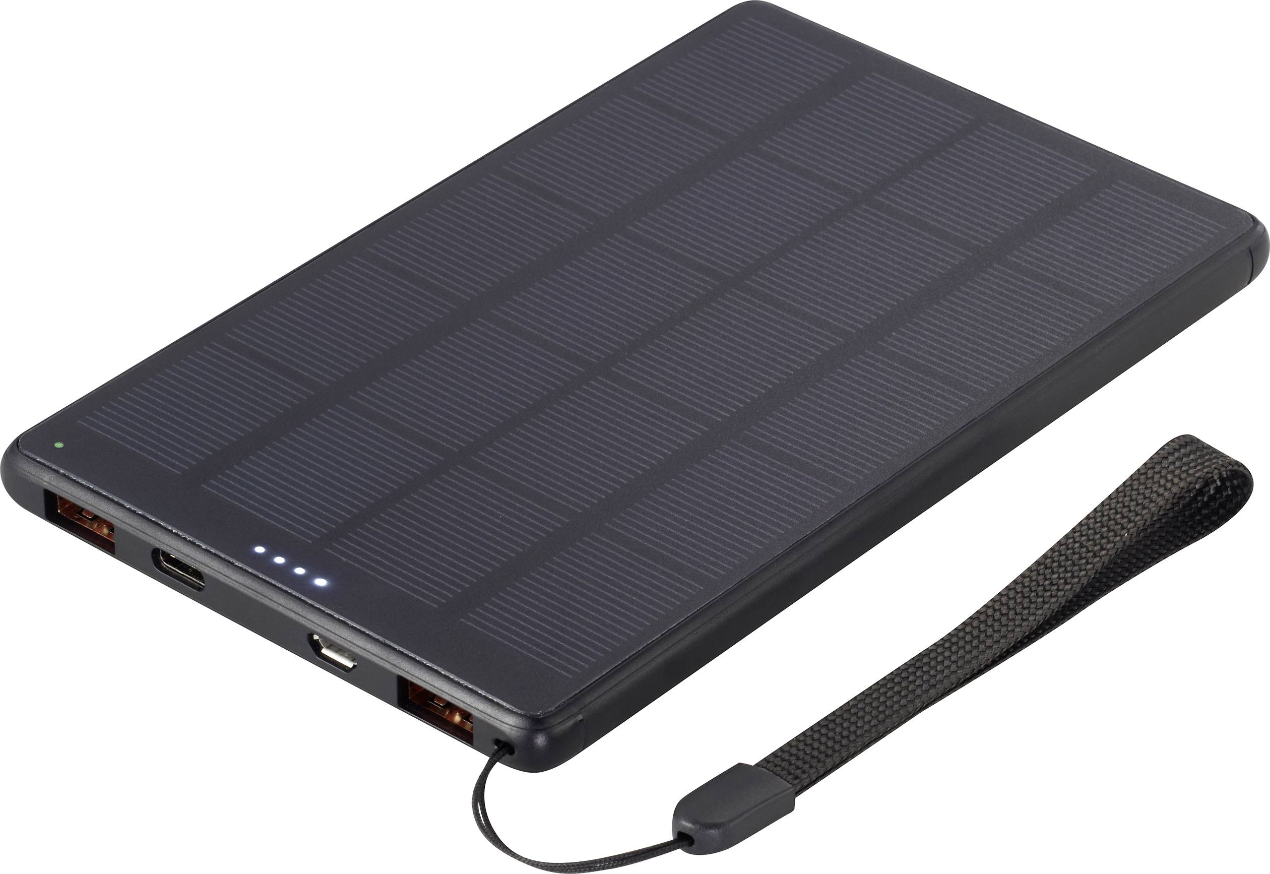 Svart solcellsladdare med USB-portar och bärögla, lämplig för mobil laddning av enheter med solenergi.
