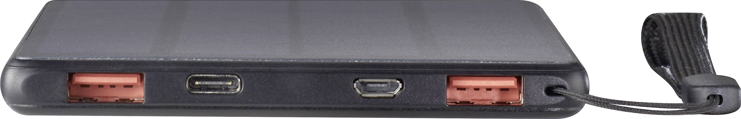 Powerbank med flera anslutningar: två USB-A-portar i rött, två USB-C-portar i svart och en Micro-USB-port.