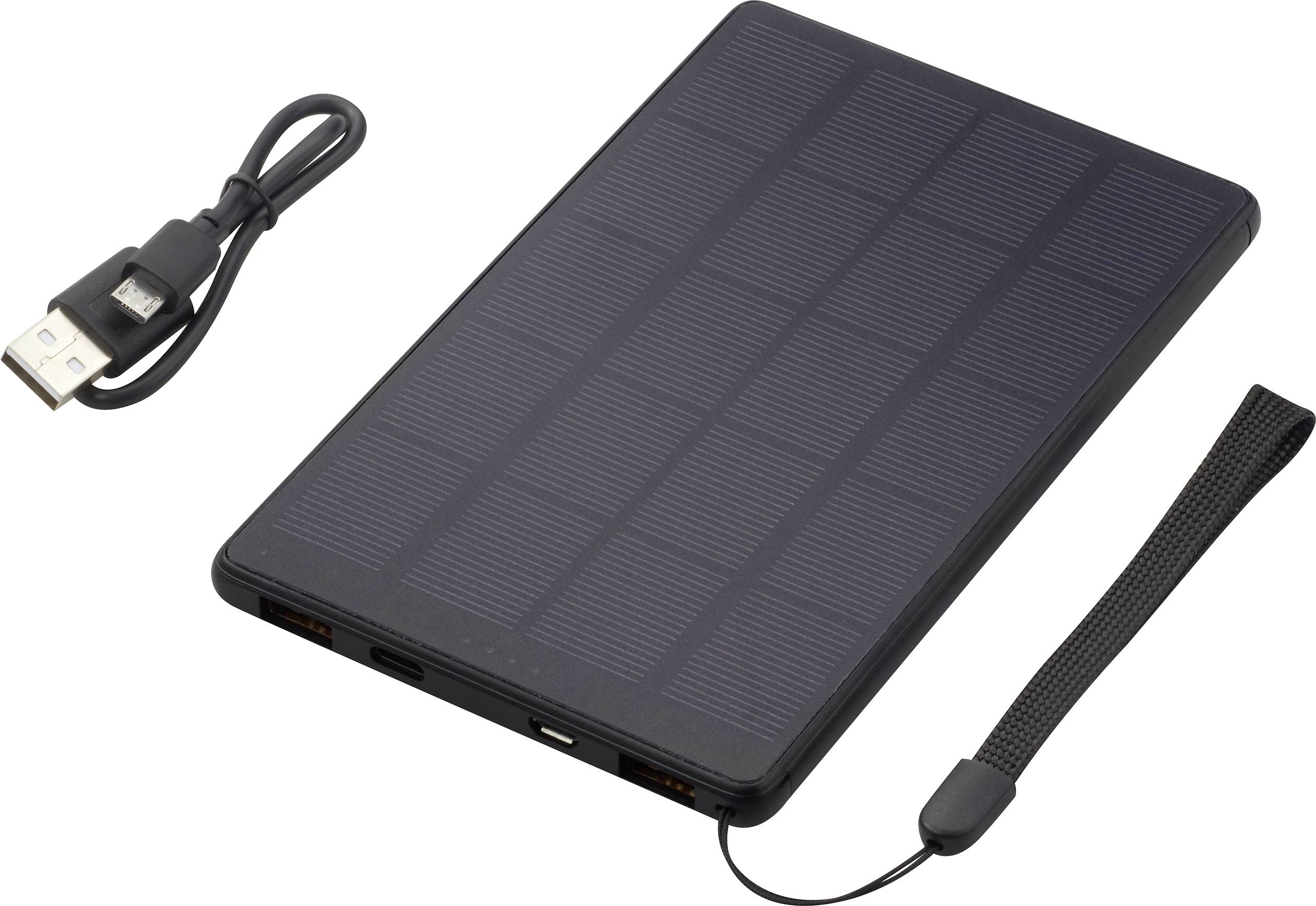 Extern solcellsdriven powerbank med ett USB-kabel och en handrem.