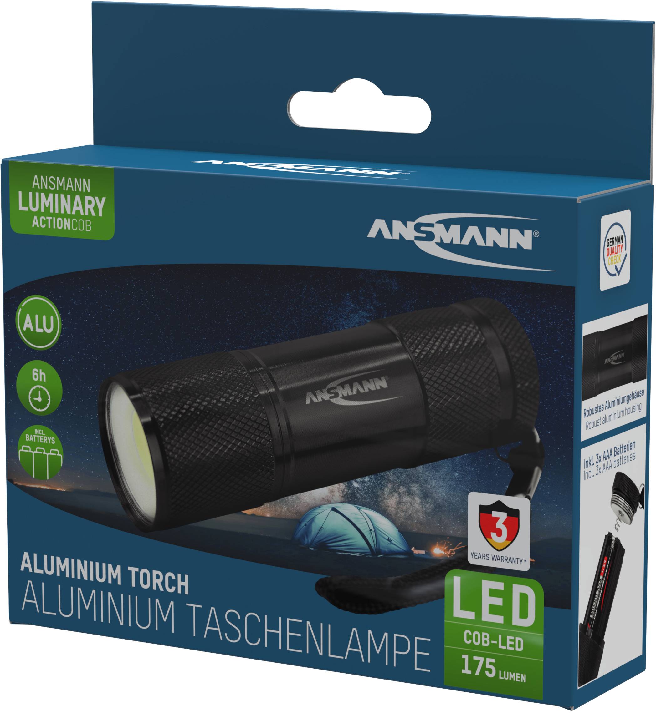 En svart Ansmann aluminiumficklampa i förpackningen, betonar LED-teknologi med 175 lumen.