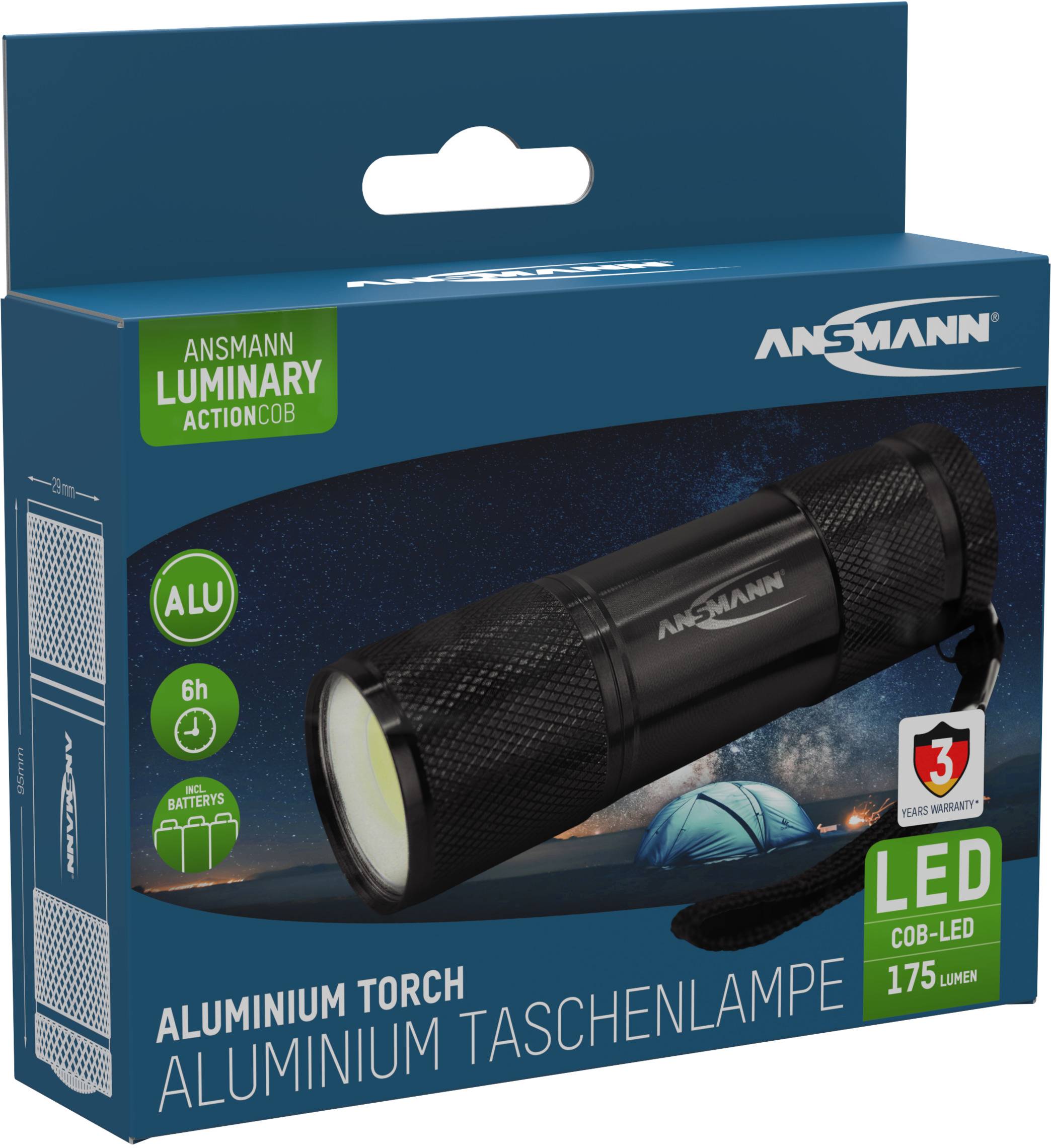 Ficklampsförpackning med texten 'Aluminiumficklampa', 'LED', '175 Lumen' och 'Ansmann'. Bild av ett tältlandskap.