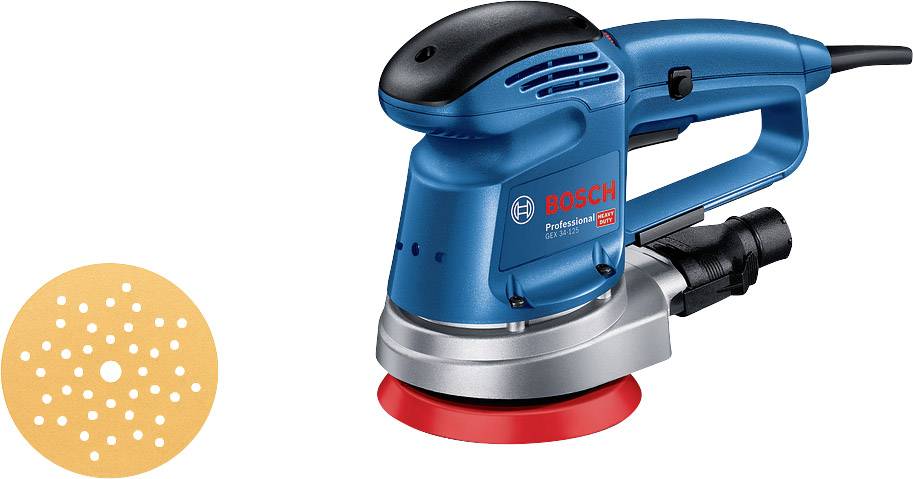 Excenterslipmaskin 'Bosch Professional' i blått med slipskiva bredvid. Lämplig för slät ytbehandling.