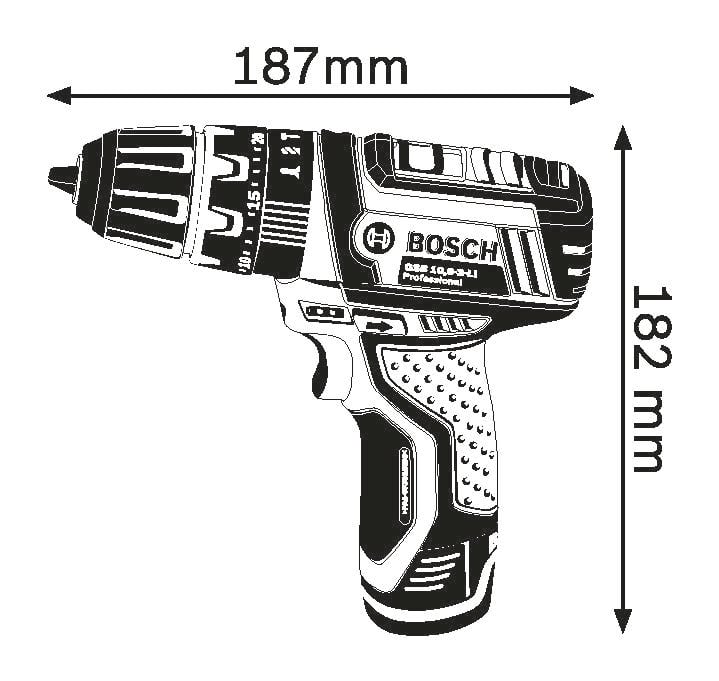 Sladdlös skruvdragare från Bosch, modell GSR 10,8-2-LI Professional, med dimensionerna 187 mm bredd och 182 mm höjd, utrustad med gummerat handtag.