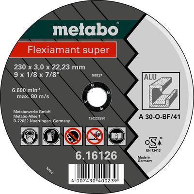 Metabo Flexiamant super slipskiva för aluminium, 230 x 3,0 x 22,23 mm, max 6 600 varv/min och 80 m/s.