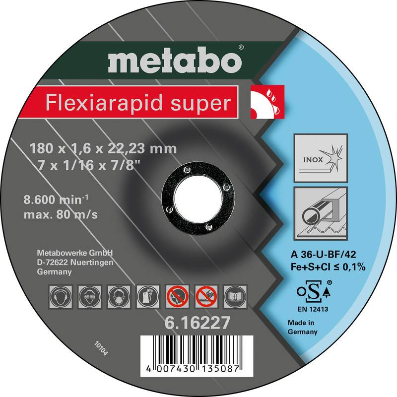 Metabo Flexiarapid superslipskiva etikett, visar 180 x 1,6 x 22,23 mm, för rostfritt stål, 8 600 rpm max, produktkod 6.16227.