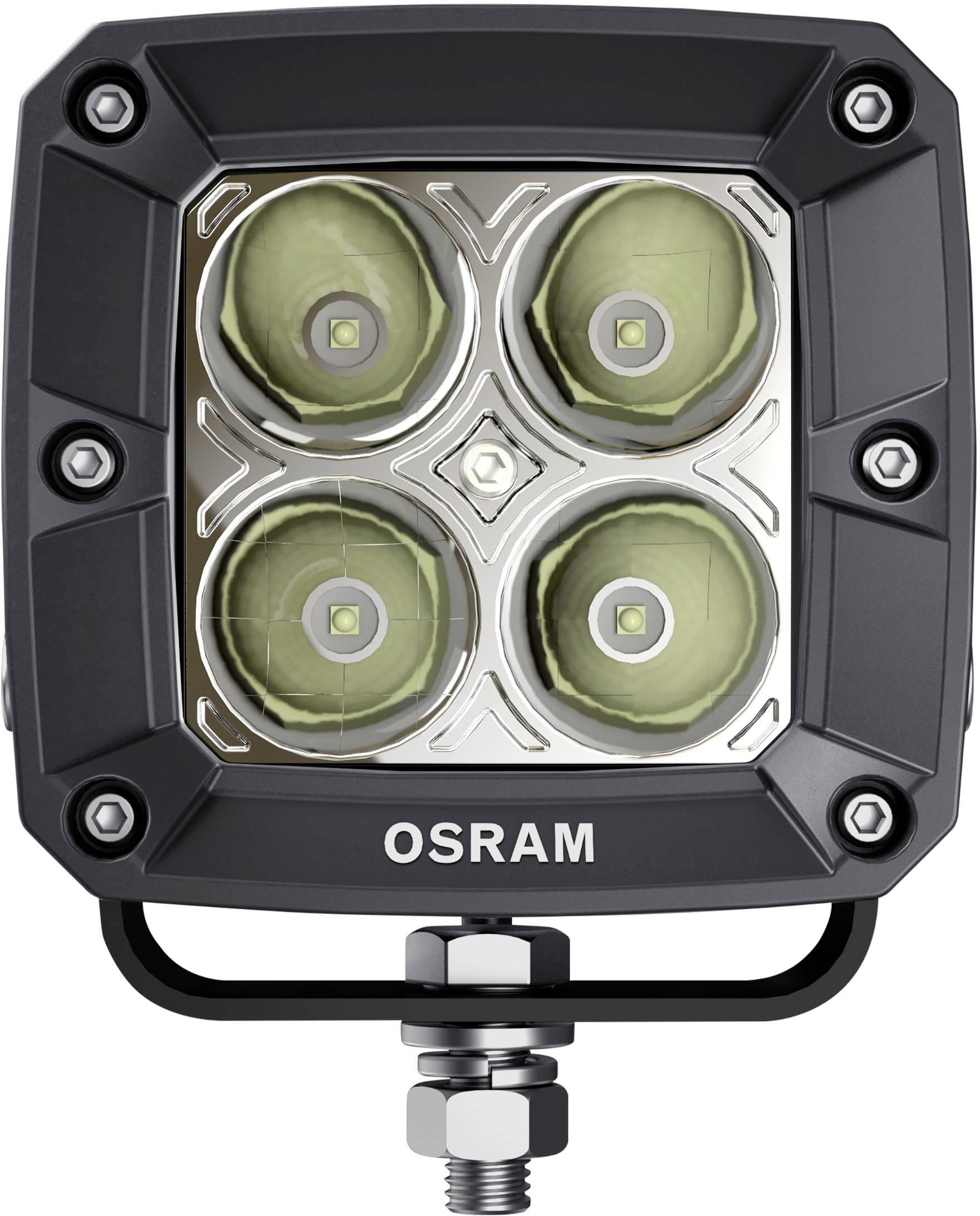 LED-arbetslampa med fyra runda linser, i ett svart, kvadratiskt hölje med skruvfäste och 'OSRAM'-logotyp.