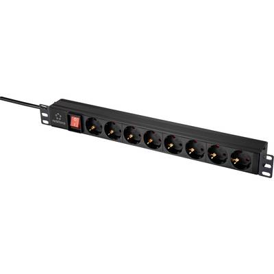 Svart grenuttag med åtta uttag och röd på/av-knapp, fäst vid kabel. Lämplig för elektroniska enheter.
