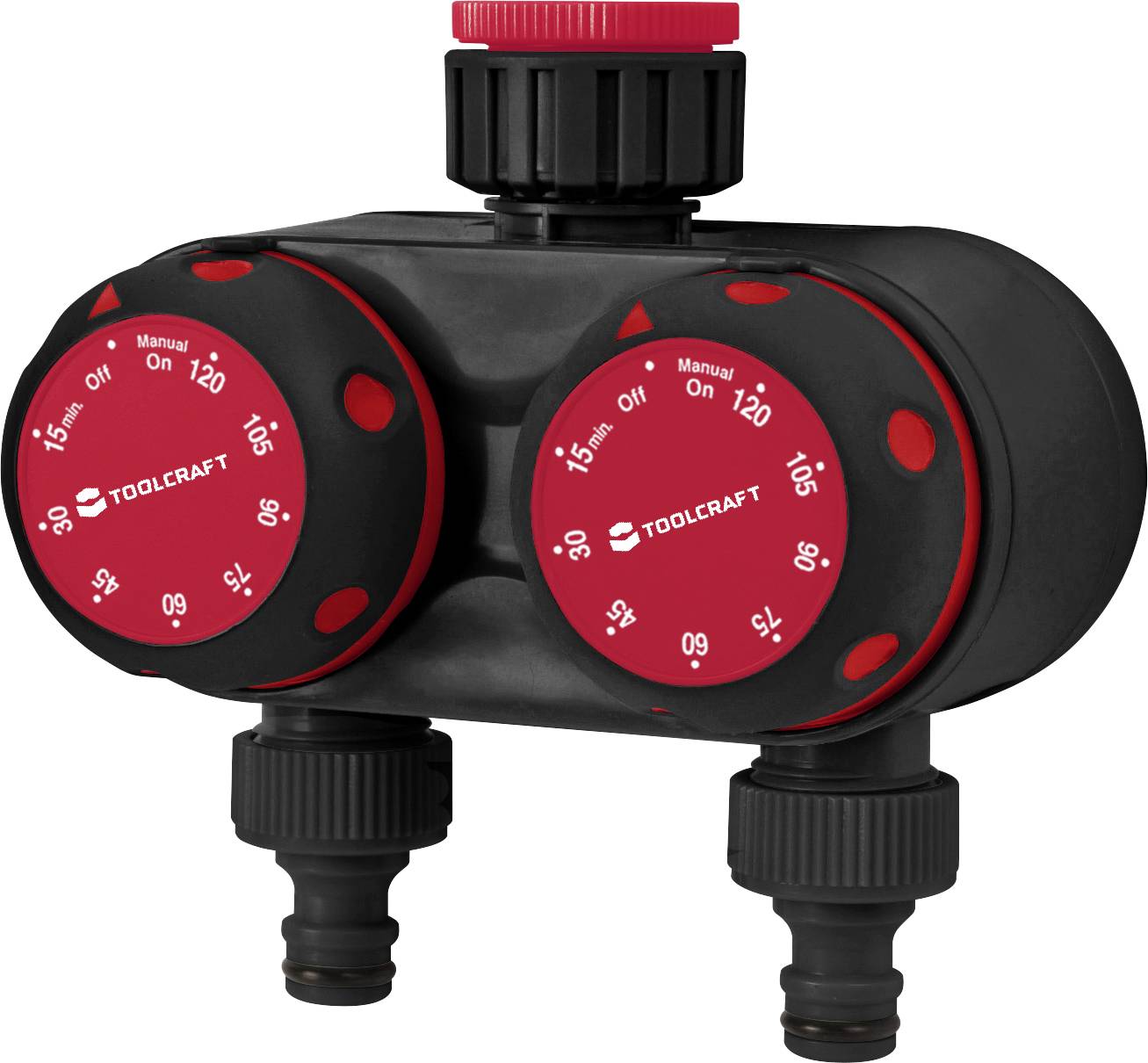 Tvåvägs vattenfördelare med röda vred och svarta anslutningar. Varumärket 'TOOLCRAFT' synligt på vreden.