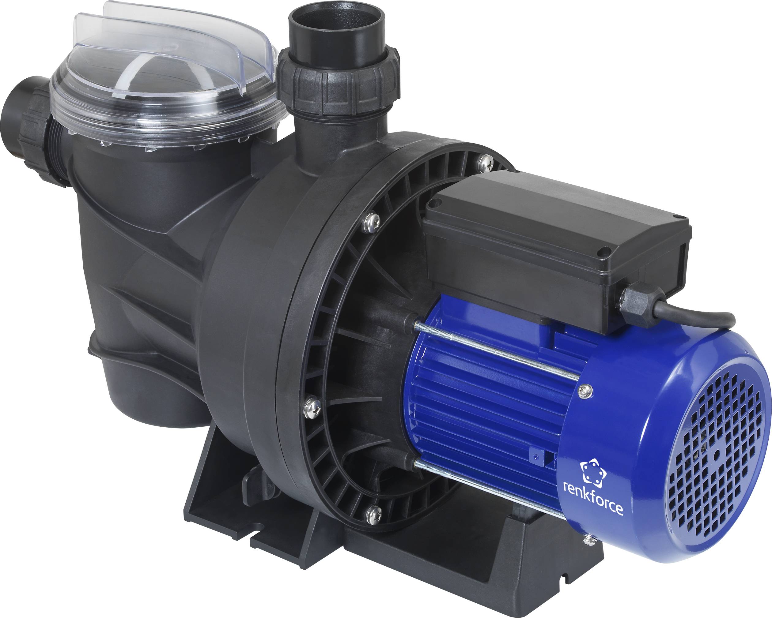 Svart och blå vattenpump med genomskinligt filterlock, lämplig för simhallar och dammar, fotograferad från sidan.