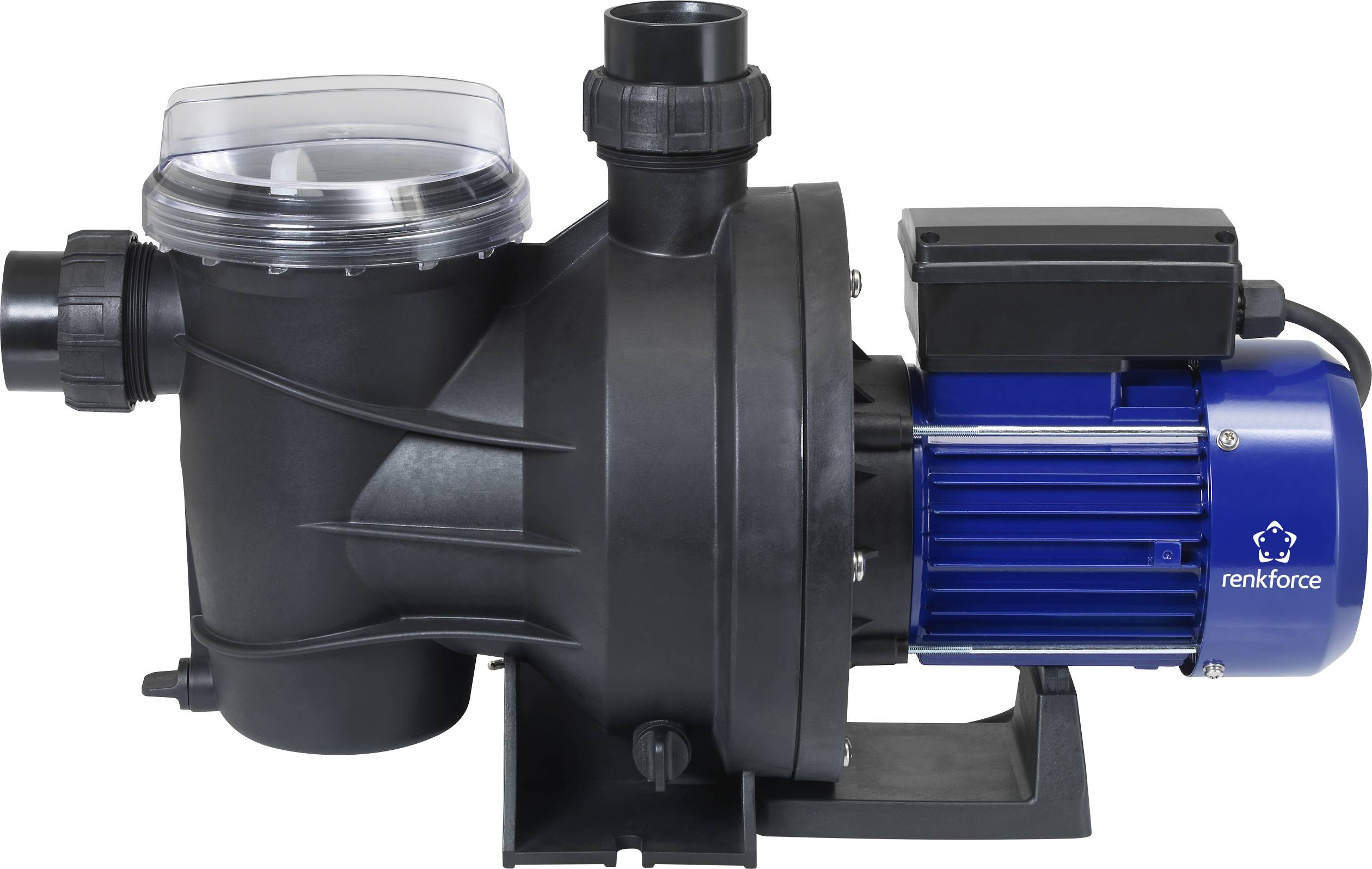 Svart vattenpump med blå elmotor, transparent lock och varumärkesetikett på höger sida.