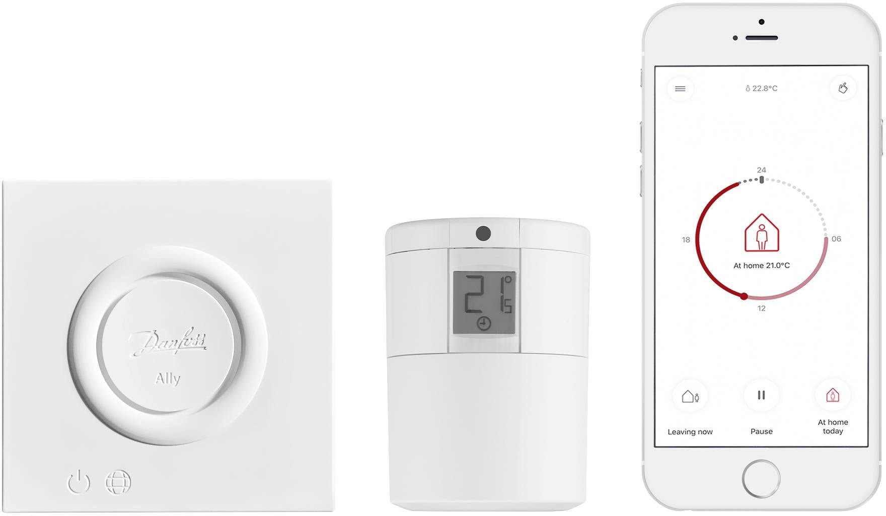 Ett smart termostatsystem med väggkontroll, sensor och smartphoneapp som visar temperaturkontroll och energihantering.
