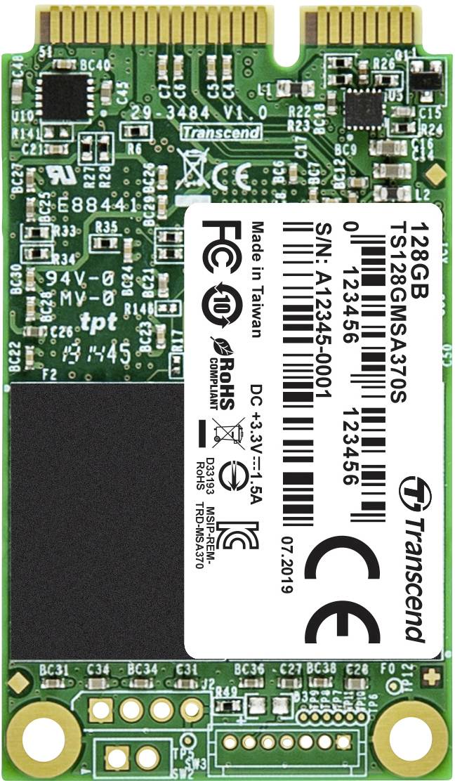 En grön mSATA SSD från Transcend med 128 GB kapacitet, innehåller elektroniska komponenter och en vit etikett med tekniska detaljer.
